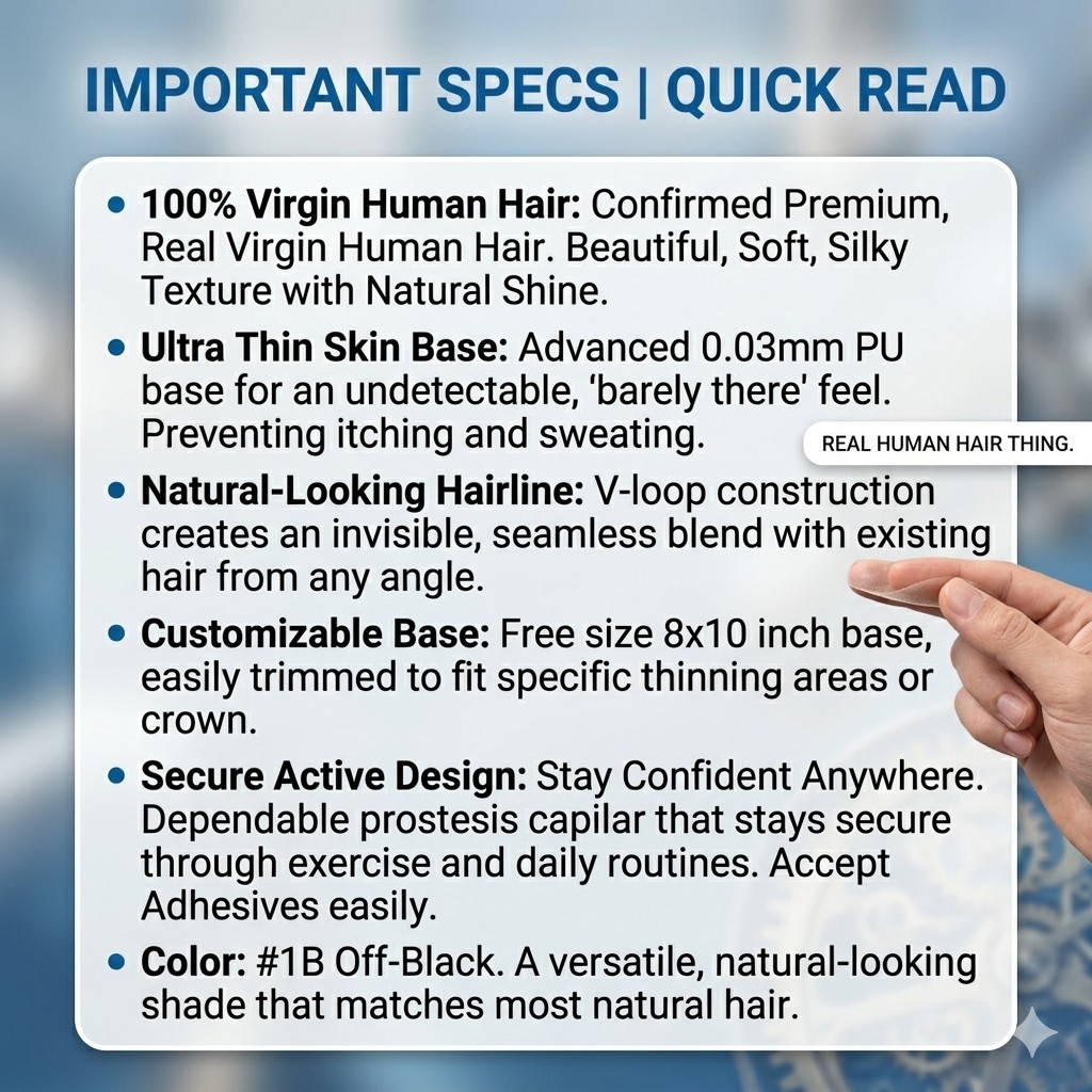 Mens Toupee 0.03mm Ultra Thin PU Skin Real Human Hair Replacement V-loop 8×10 1B