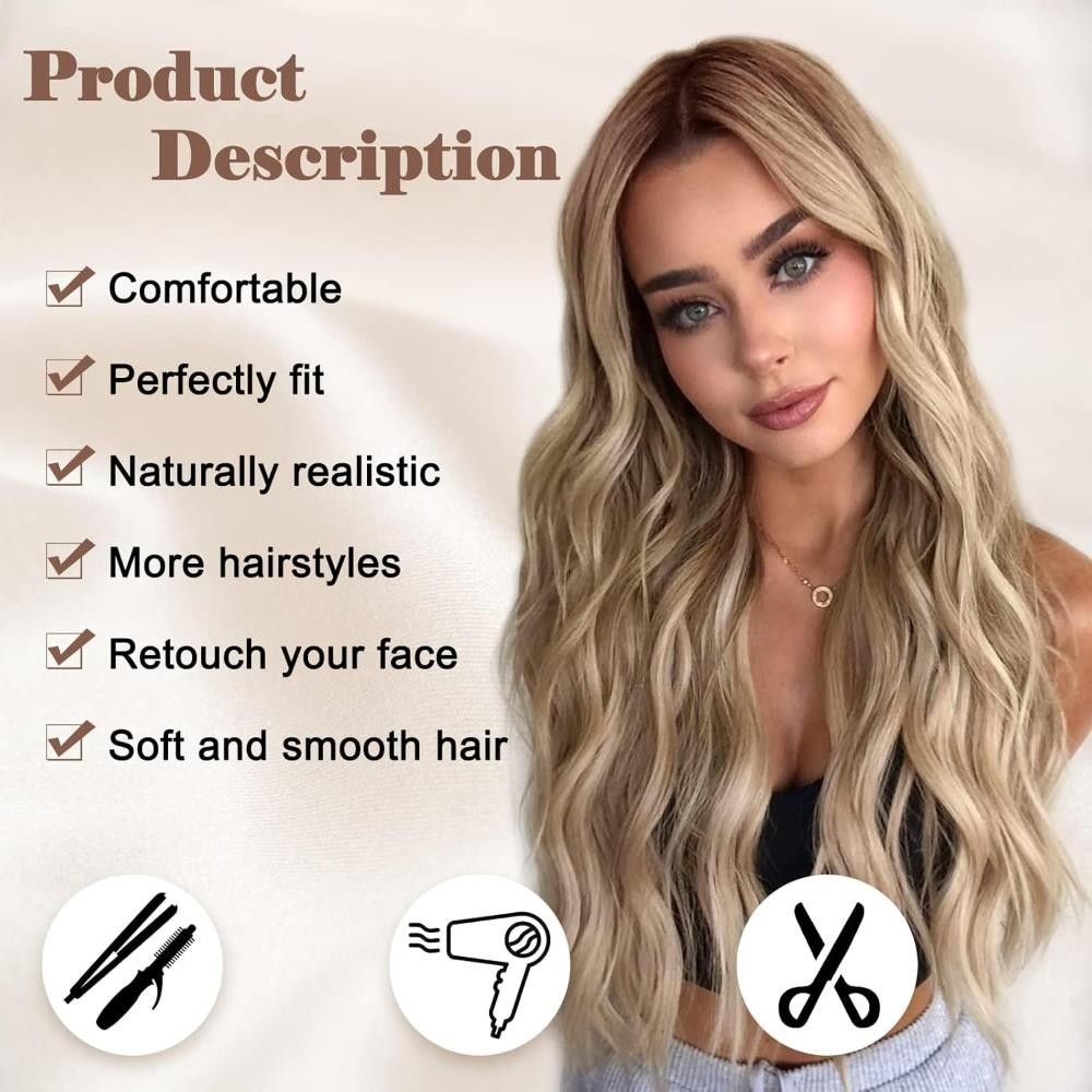 NAYOO Long Ombre Blonde Wavy Wig for Women 26 Inch Middle Part Curly Wavy Wig