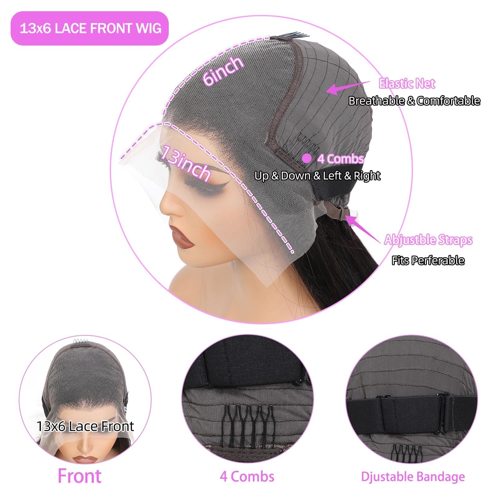 32″ 13×6 Lace Front Wig, 100% Human Hair, Pre-Plucked, Straight, HD Lace, Gluele