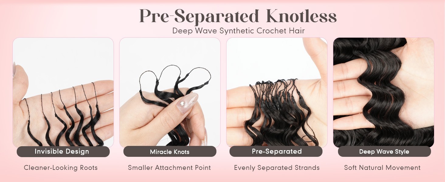 18″ 100 Strands Feather Crochet Hair, Miracle Knots, Deep Wave, FREE SHIP!