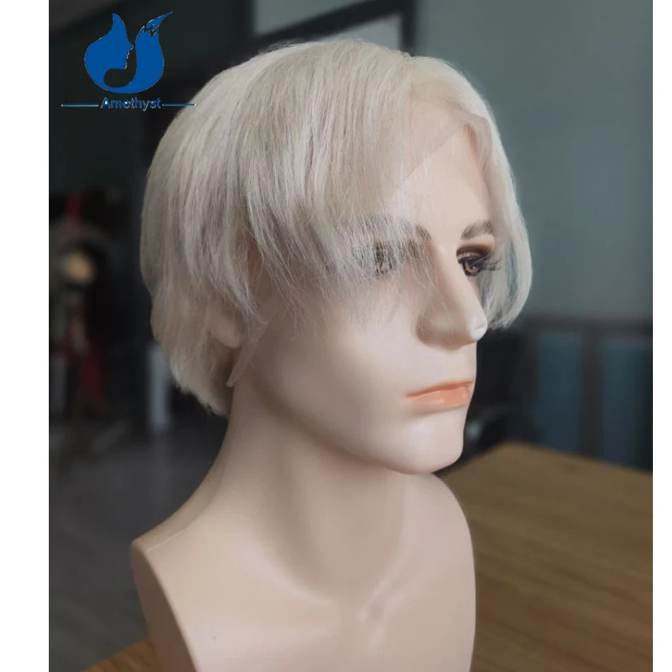 Pre Styled White Platinum Blonde Male Wig Human Hair Short Cut Full Lace Wig #60