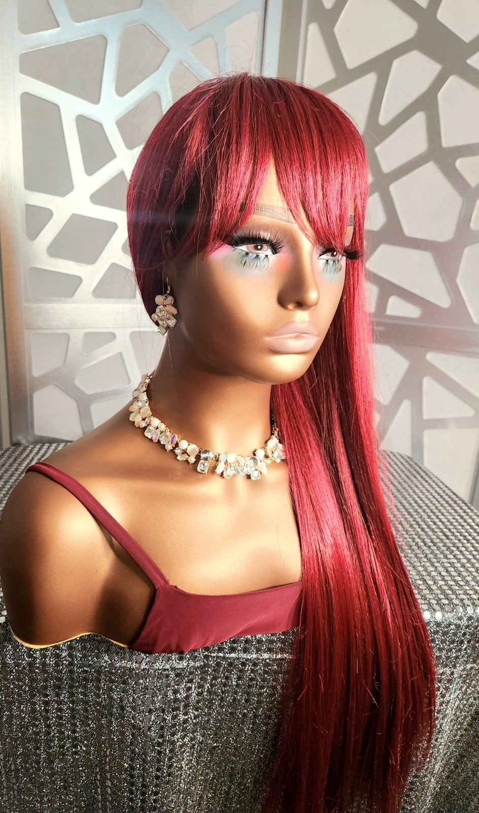 Red Wig with Bangs Straight Wig Long Red Wig Burgundy Red Wigs Glueless Heatsafe