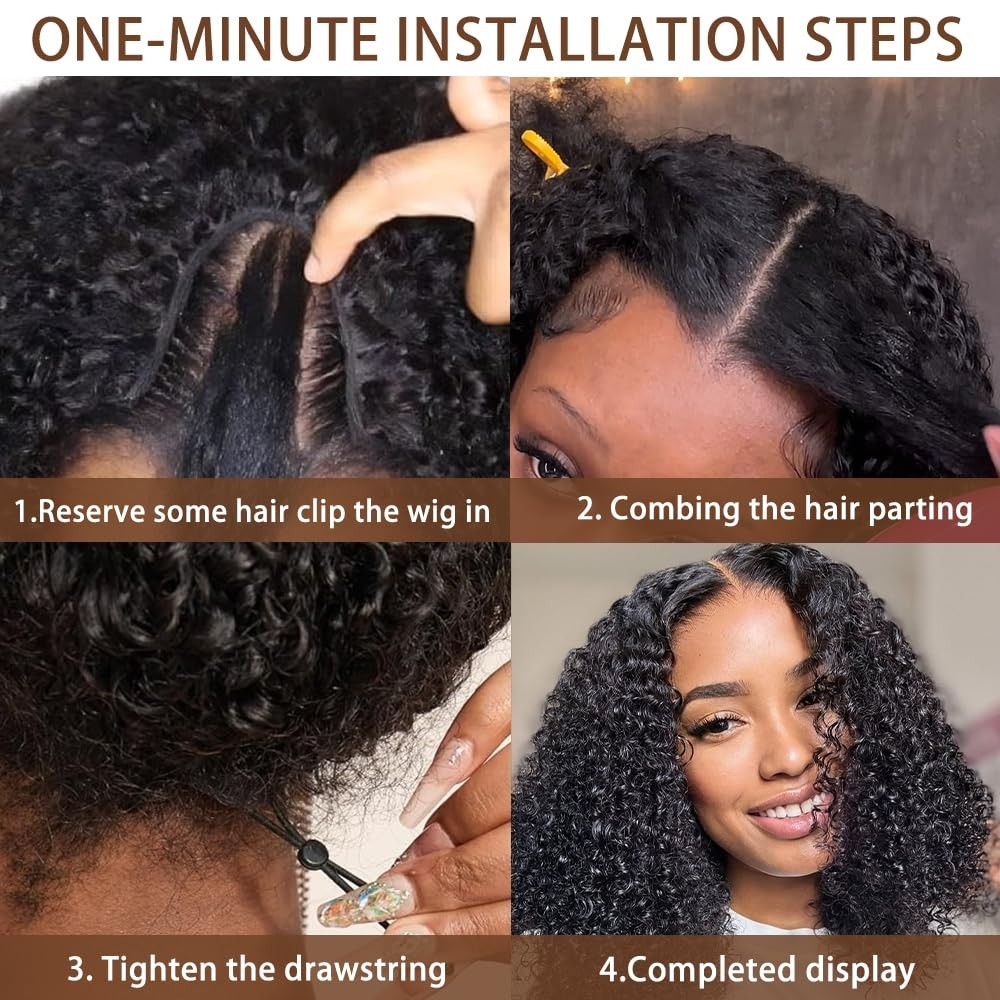 30 Inch V Part Curly Human Hair Wig – 200% Density, Glueless, Clip-In, No Leave