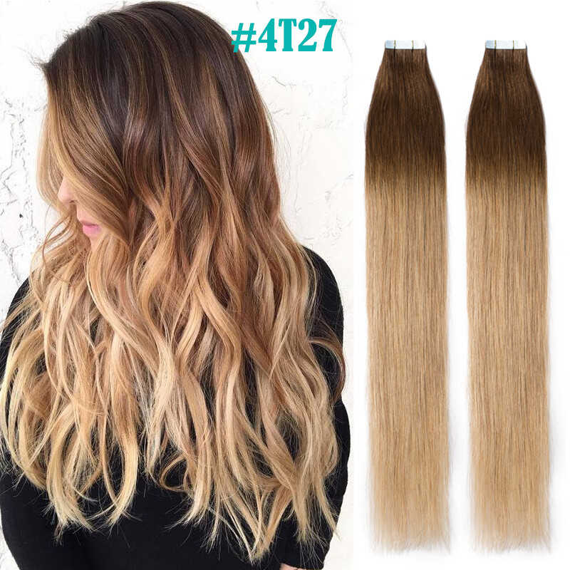 12-24inch Tape In Real Remy Human Hair Extensions Black Brown Blonde Ombre 20pcs