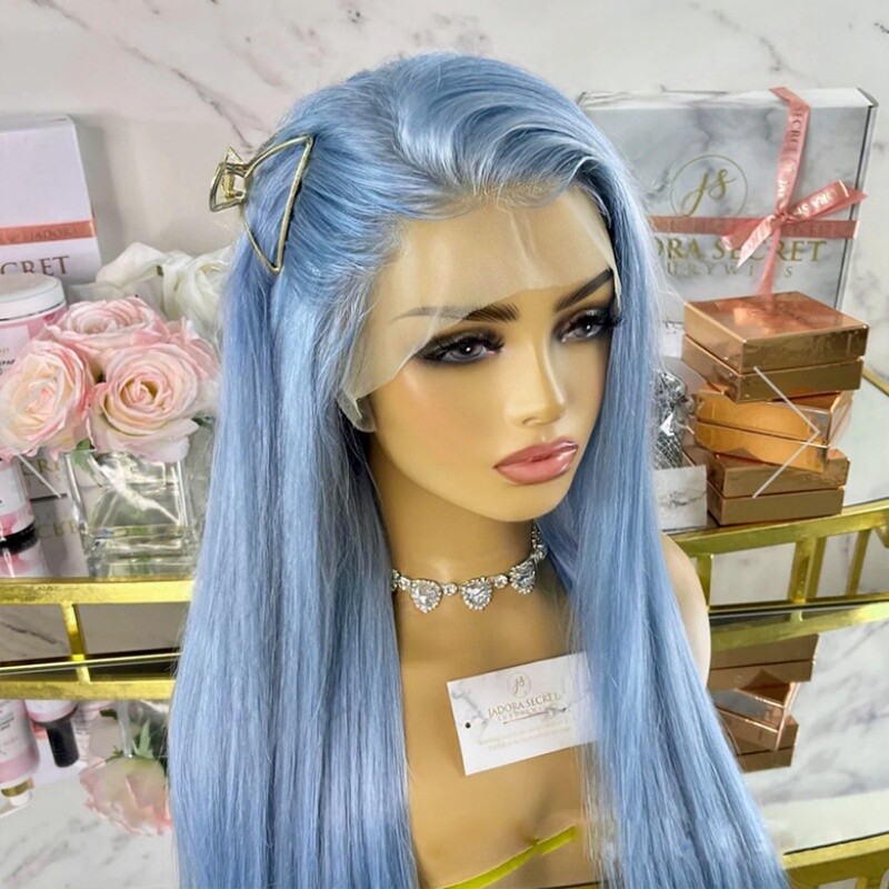 Women’s Wig Fashion Front Lace Wig Long Straight Hair Chemical Fiber Light Blue