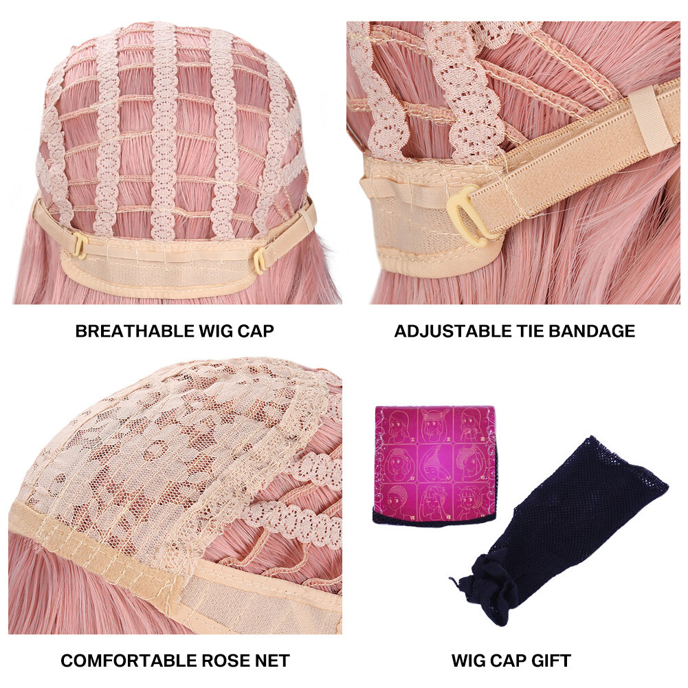Women Girls Pink Bob Wig with Bangs Short Wavy Pink Bob Wig Synthetic Bob Wig US