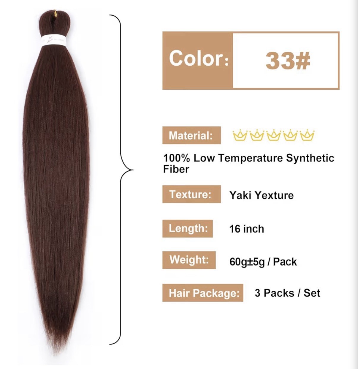 Chocolate Brown Braiding Hair Pre Stretched 18 Inch 3 Packs 33#