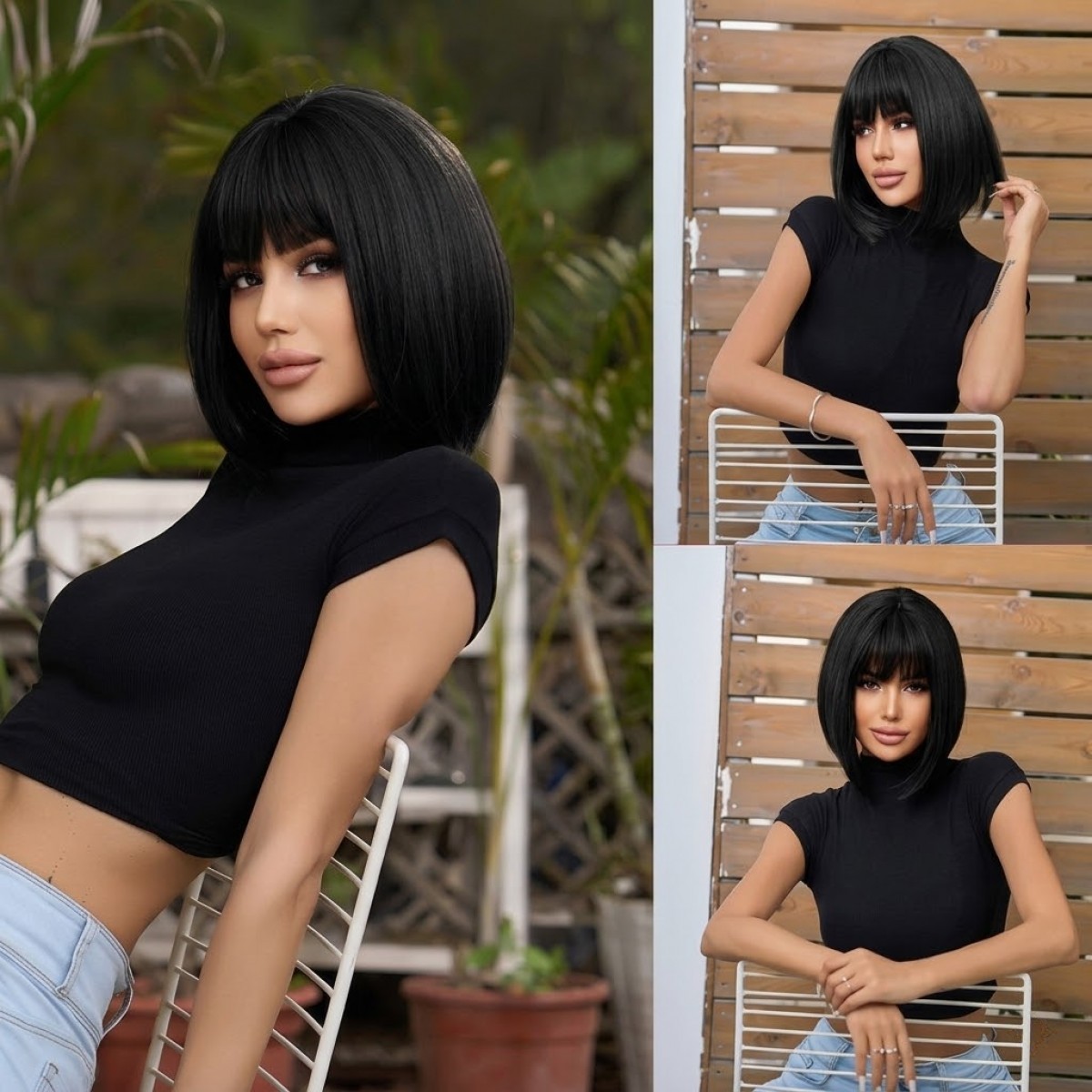 Heat Resistant Synthetic Hair Costume Wigs With Bangs Off black Bob Straight