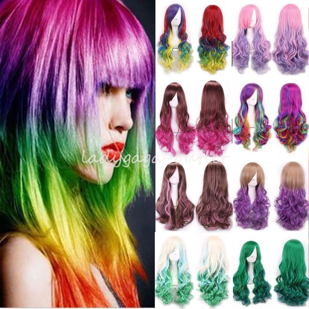 Rainbow Ombre Hair Wig Long Curly Wavy Women Lady Pastel Cosplay Dress Full Wigs