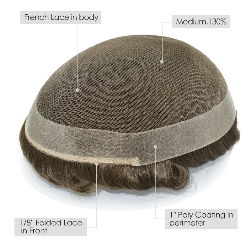 Mens Toupee French Lace Human Hair Replacement Poly System Brown Hair Pieces #6