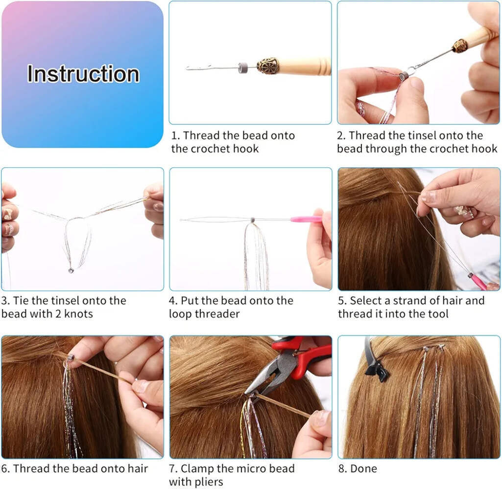 Goabroa Hair Tinsel Kit with Tools, 47 Inches 5 Colors 2550 Strands Heat Resista