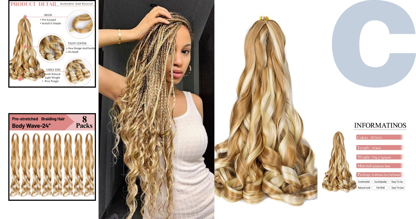 Soft & Silky 24-Inch Bouncy Crochet Hair – 8 Packs of Synthetic Curls