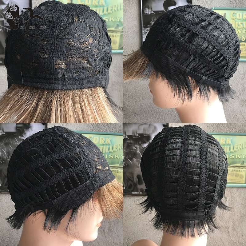 Pixie Cut Wigs with Bangs for Black Women Short Ombre Ash Brown Mixed Black Wigs