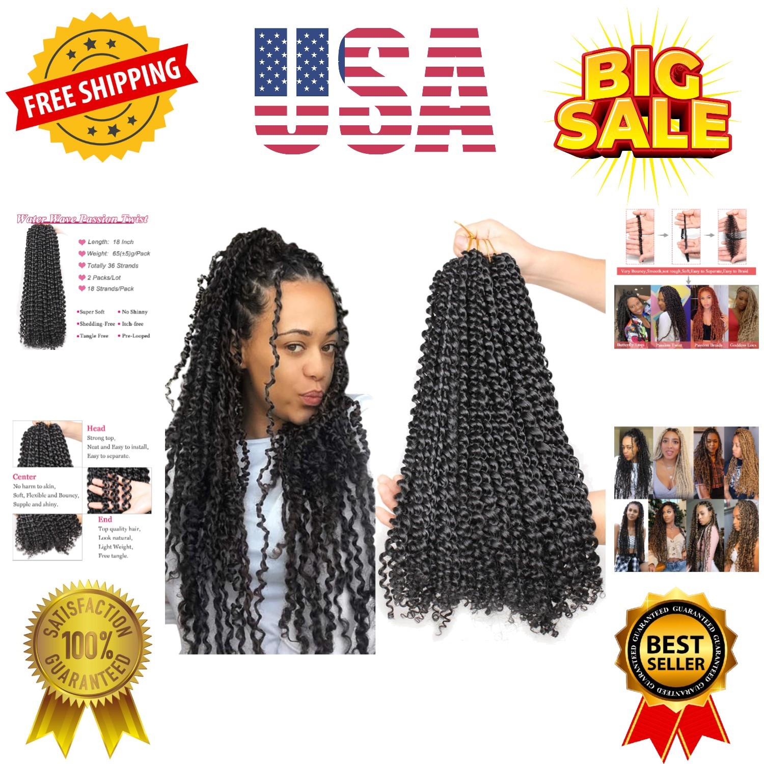 2 pcs Passion Twist Braiding Hair for Butterfly Locs Natural Black Water Wave…