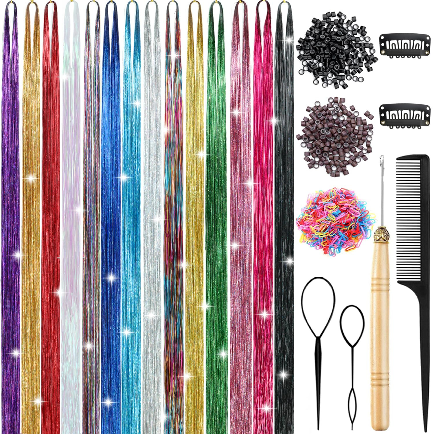 Hair Tinsel, 6000 Strands 48 Inch Hair Tinsel Kit with Tools Glitter Tinsel Hair
