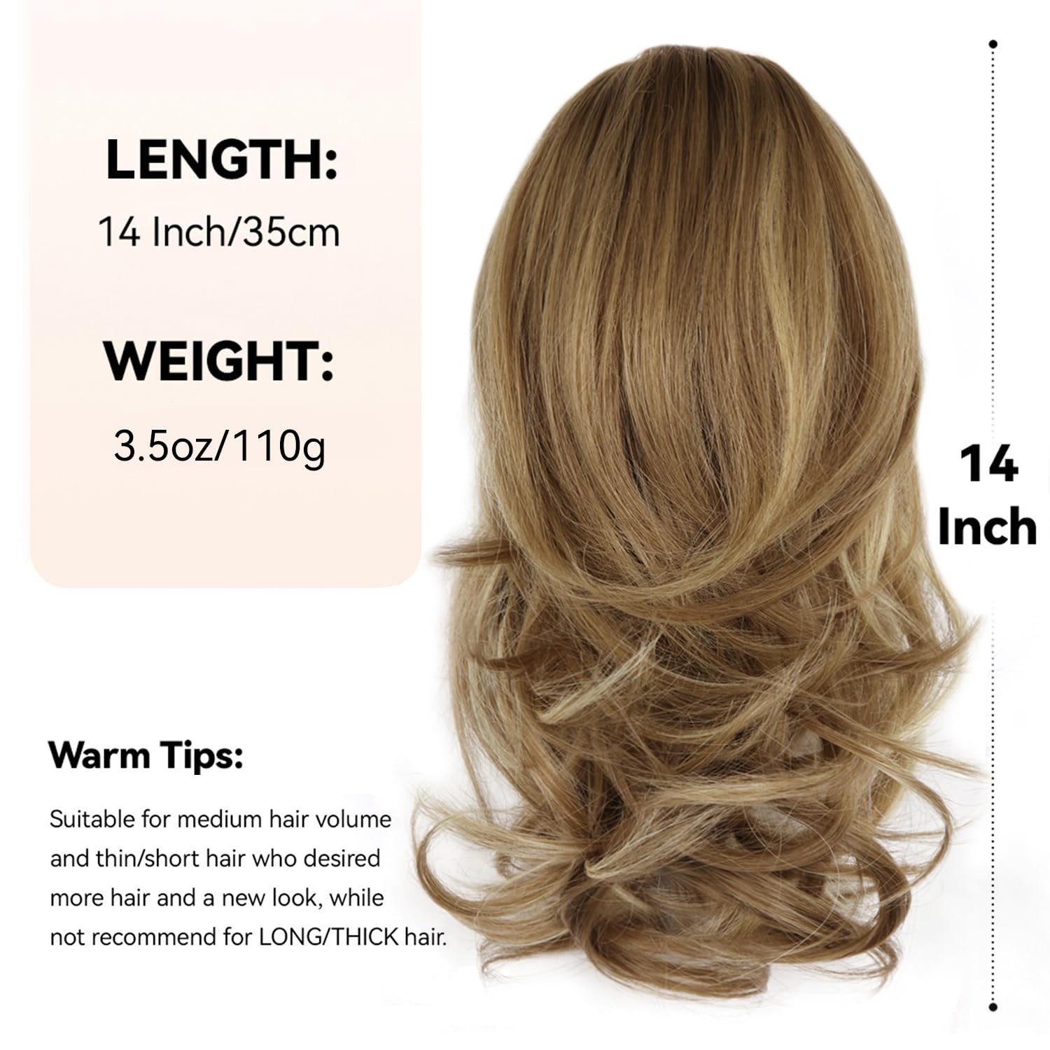14 Inch Ponytail Extension – Wavy 14 Inch, Light Brown With Beige Highlights