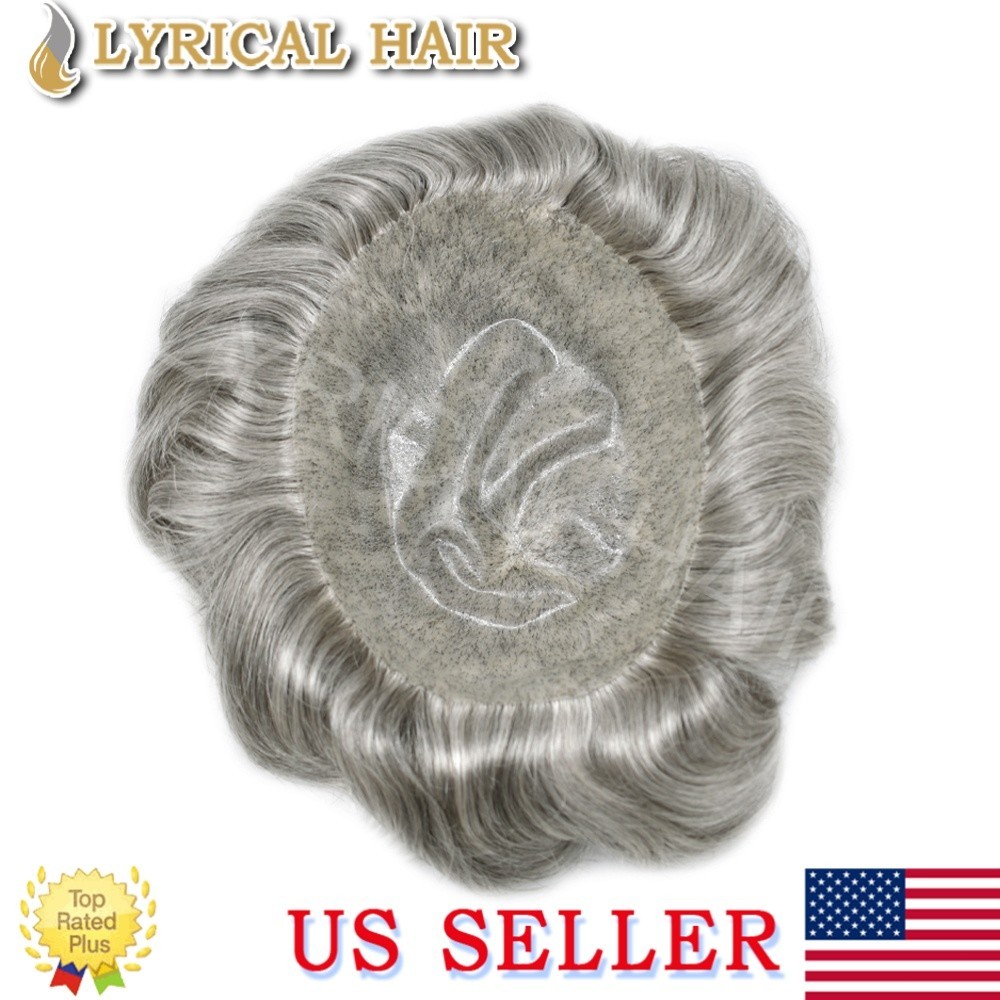 All Poly Mens Toupee Human Hair Replacement System Skin PU Grey Brown Hairpiece