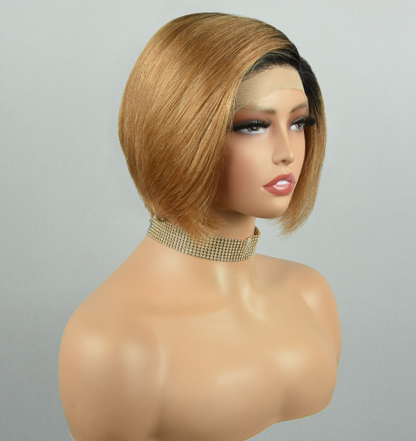 Short 100% Human Hair T P Lace Front Rooted Gold Blonde Natural Wigs Soft
