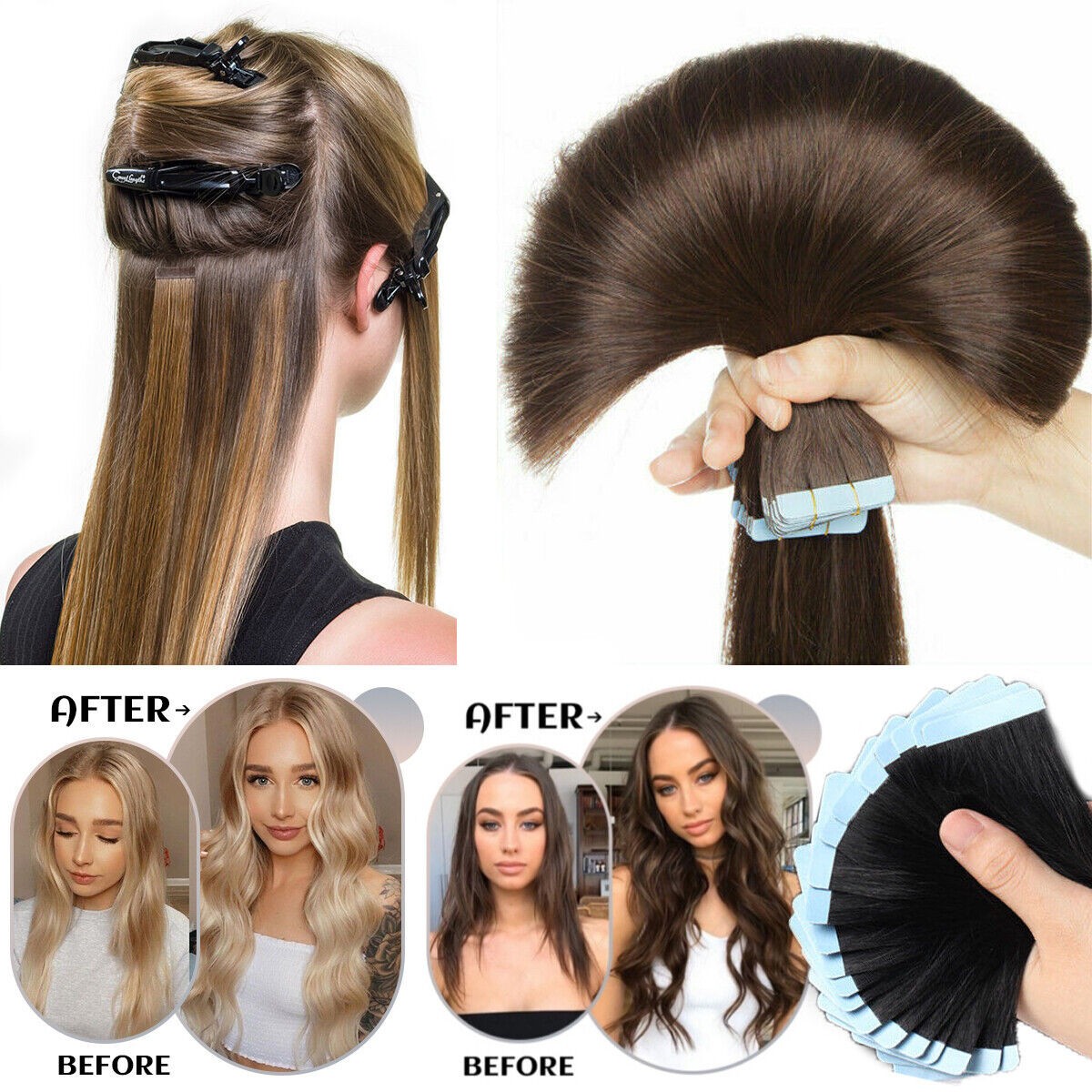 Tape in Human Hair Extensions Invisible Adhesive Glue Skin Weft Remy Hair16-26in