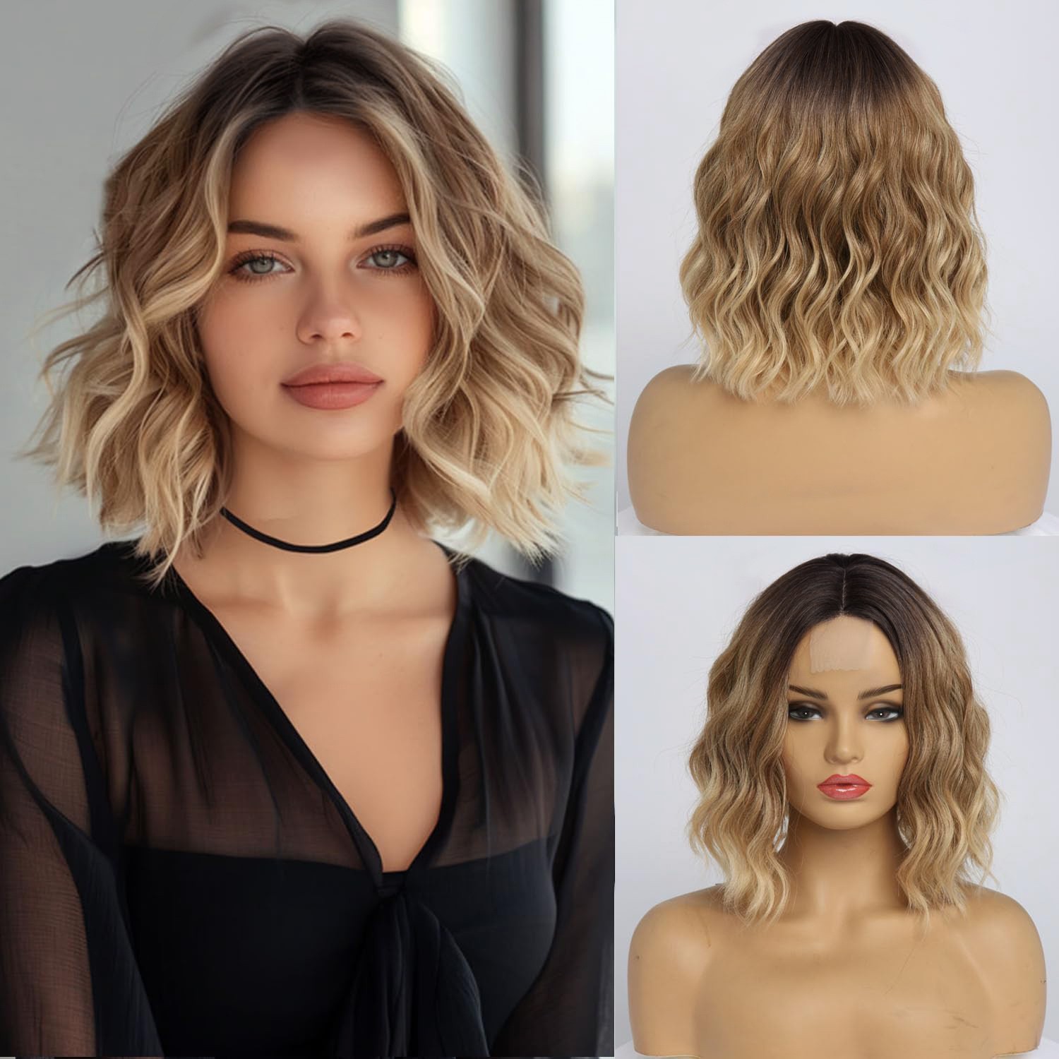 Highlight Water Wave Short Curly Lace Front Wig Heat Resistant Synthetic Wig