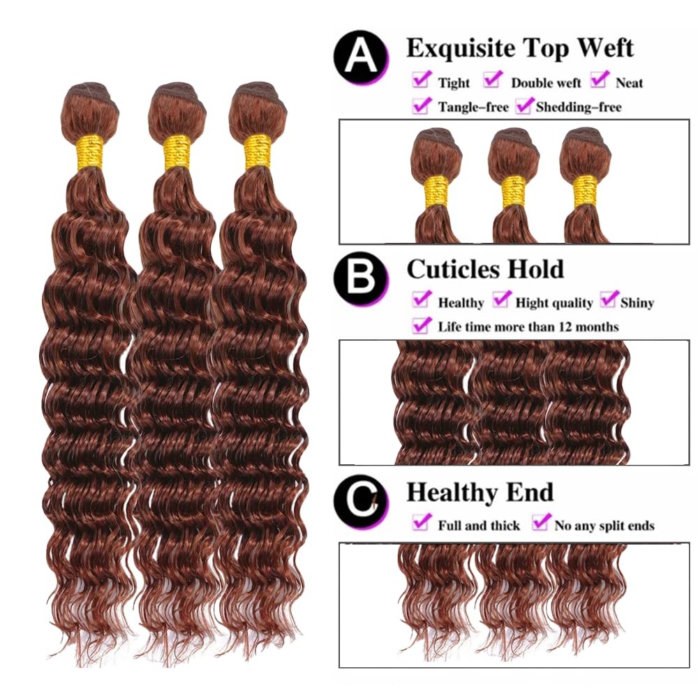 Niciitysi Color 33 Auburn Deep Curly Human Hair Reddish Brown Deep Wave Bundles
