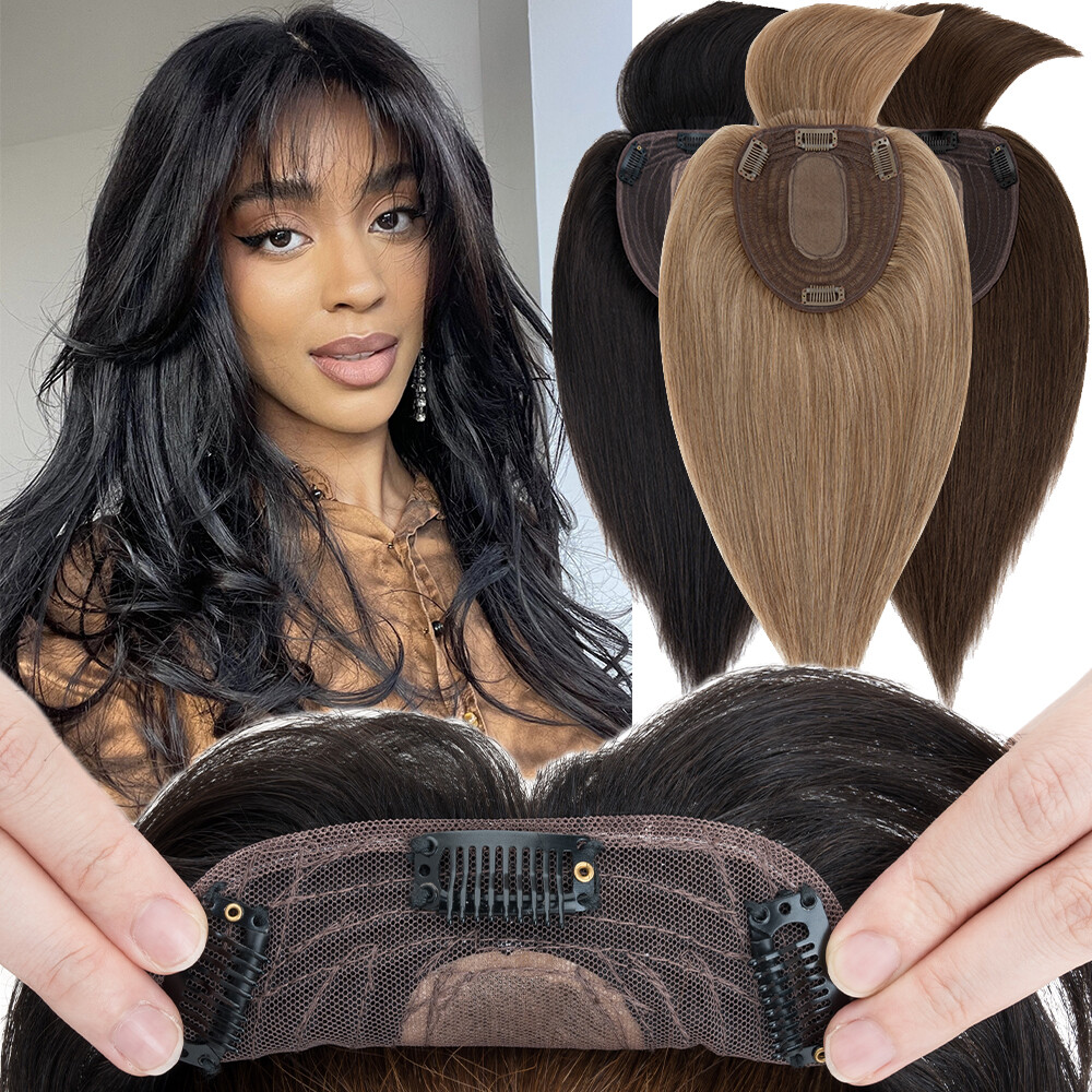 CLEARANCE Women Human Hair Topper Hairpiece Clip In 100% Remy Hair With Bangs