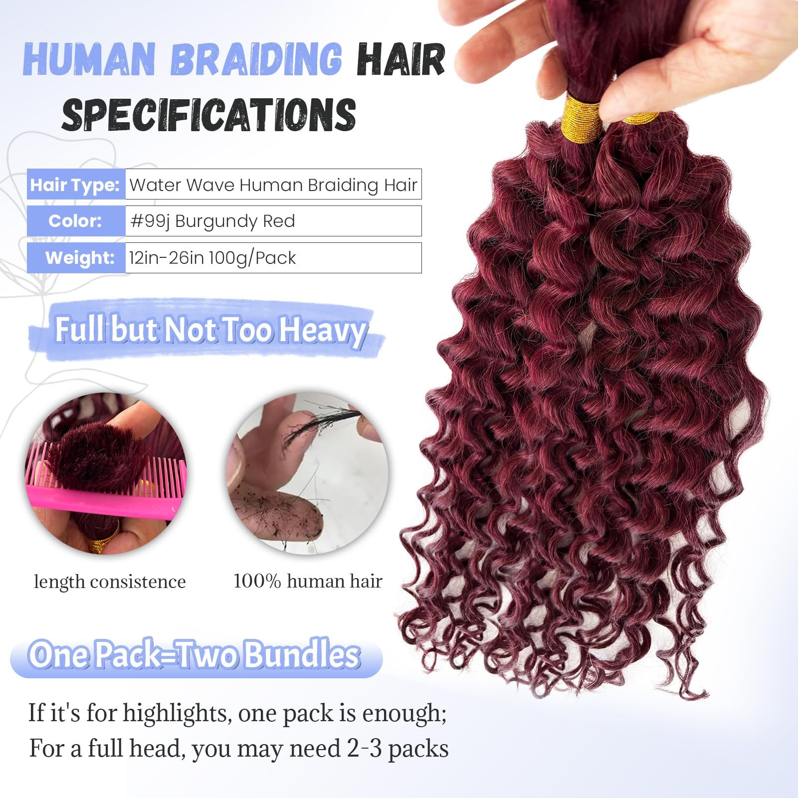 Licoville Burgundy Braiding Hair Deep Water Wave Bulk Boho Human Hair For