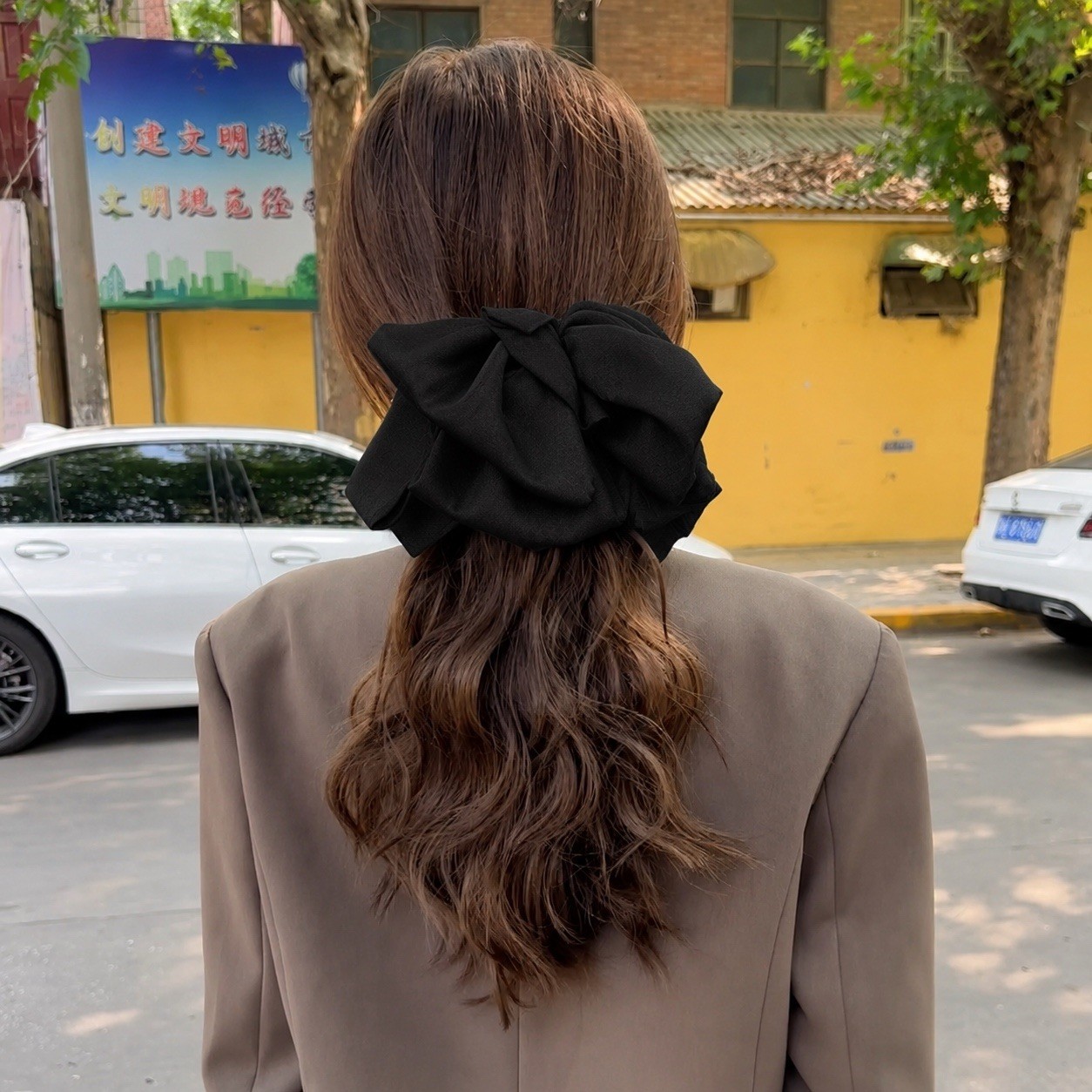 2PCS Black Bow Hair Clip With & Curly Wavy Synthetic Ponytail Extension