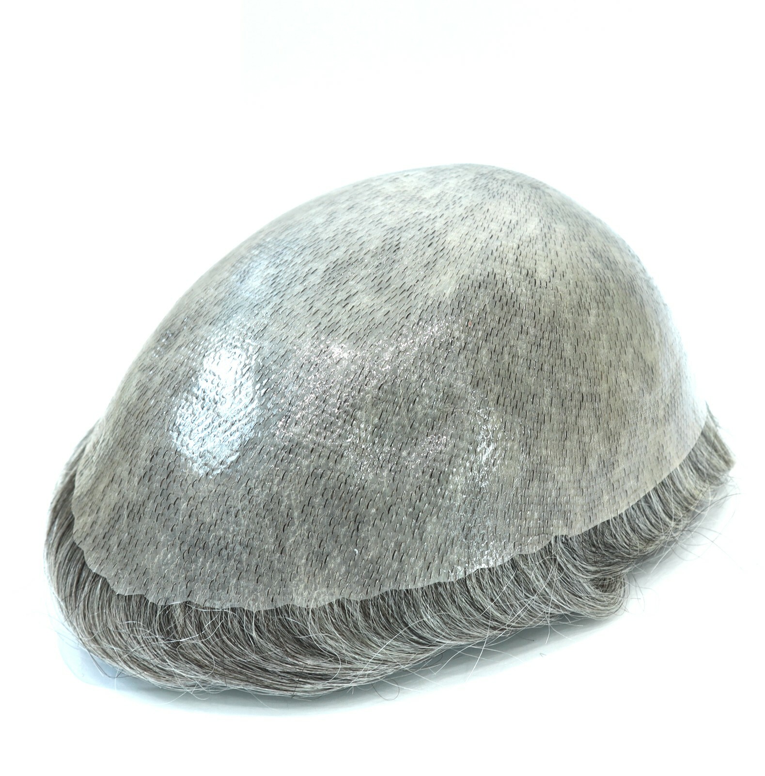Mens Toupee Human Hair Replacement System Poly Skin V-loop Grey Hairpieces #1B80