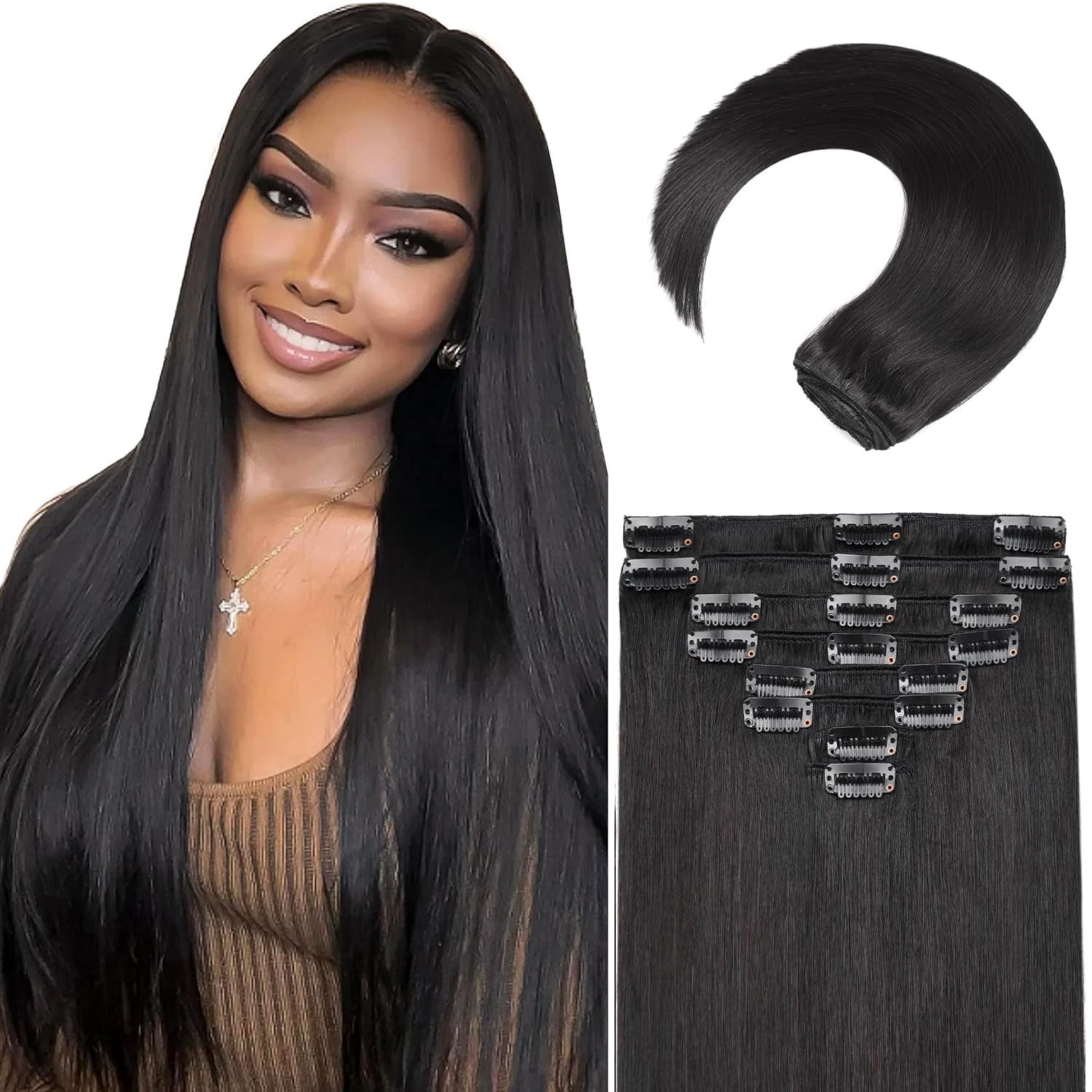 Clip in Hair Extensions Real Human Hair, 20 Inch 105g/3.7oz, 1B Natural Black…