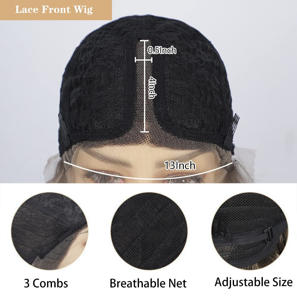 Short Bob Wavy Wig for Women Lace Front Wigs Ombre Brown Synthetic Wig Middle Pa