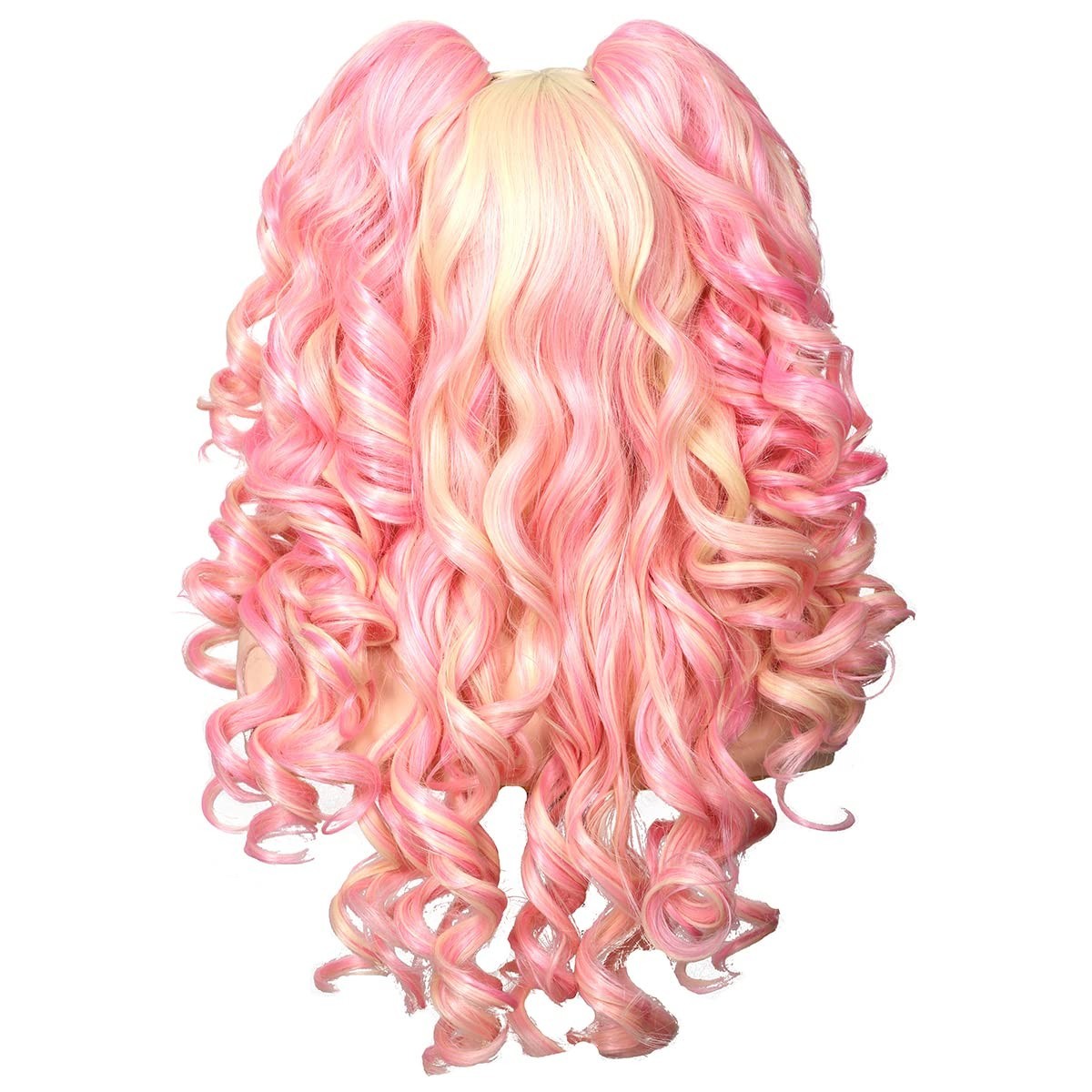 Curly Cosplay Wig for Women Blonde/Pink with Adjustable Cap and 2 Ponytails