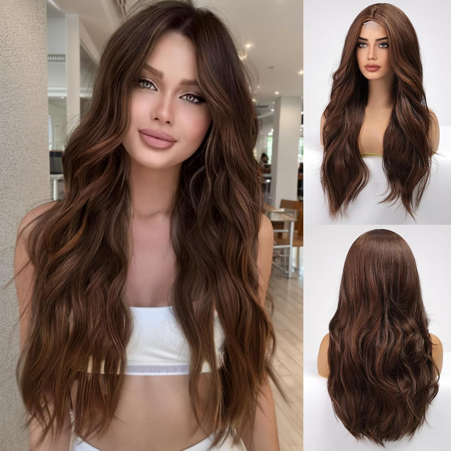 Long Mixed Brown Wavy Wig for Women Lace Front Wigs Natural Looking 26 Inch Midd
