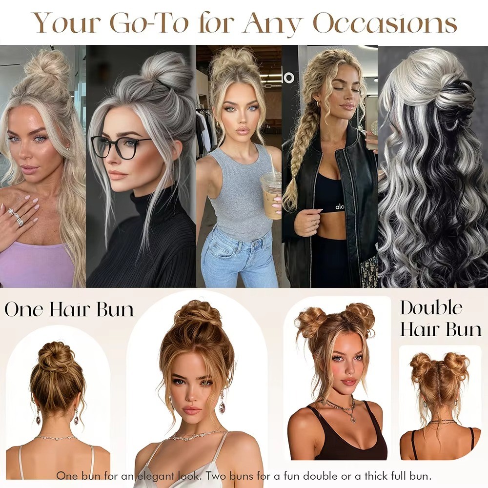 All-in- Messy Bun Ponytail Extensions Long Wavy Hair Bundle for Women