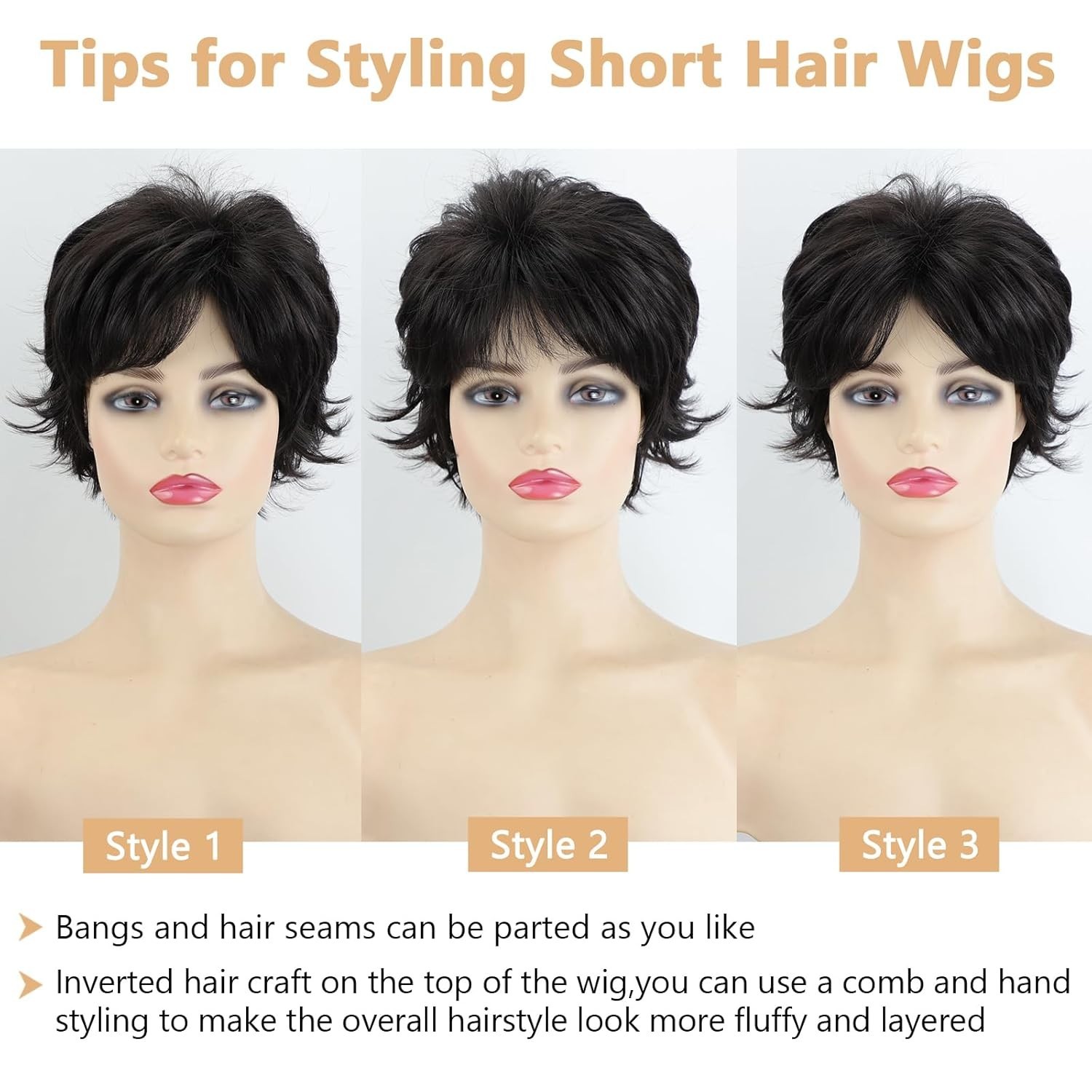 Black Short Curly Wigs for white Women Shaggy Layered Black Pixie Cut Wig wit…