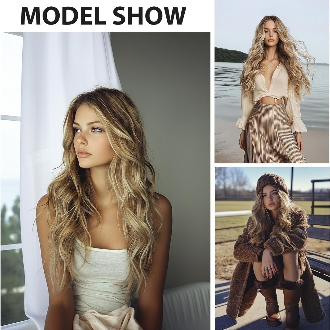 HD Lace Front Wig Human Hair Blend Highlights Wavy Brown X Blonde Balayage