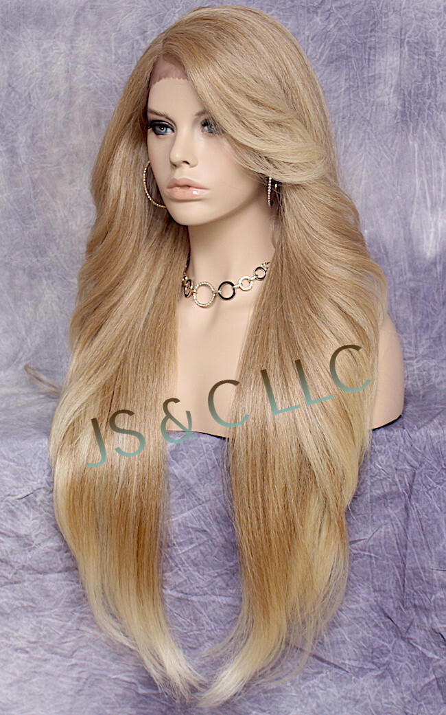 38″ Long Human Hair Blend Full Lace Front Wig Heat OK Blonde mix WEPC 27/613