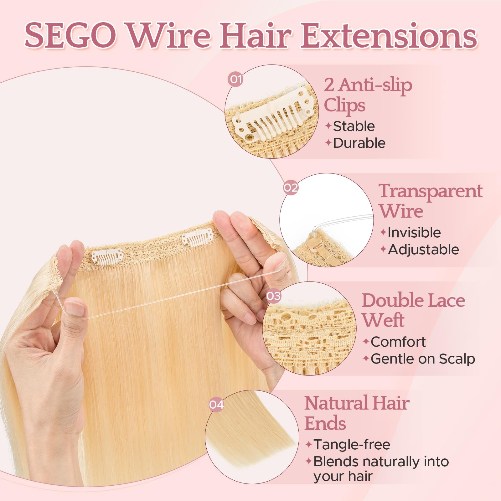 Sego Halo Hair Extensions Adjustable Invisible Wire Extensions Real Human Hair
