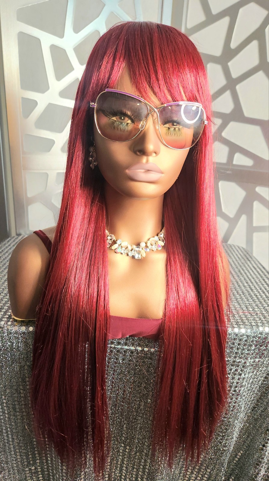 Red Wig with Bangs Straight Wig Long Red Wig Burgundy Red Wigs Glueless Heatsafe