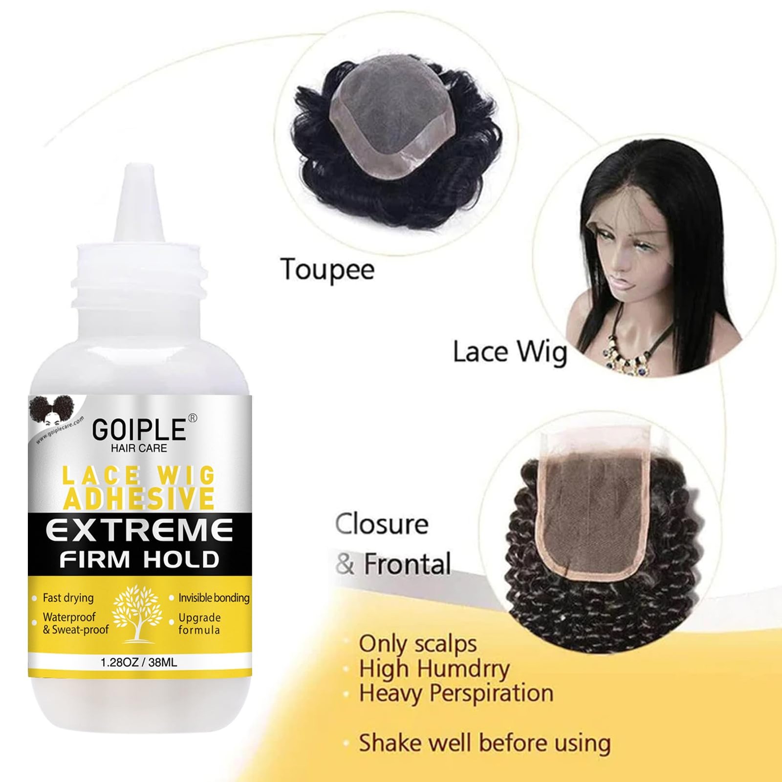 Goiple Wig Glue 1.28Oz Waterproof Lace Front Adhsive For Wigs Tools And Hair