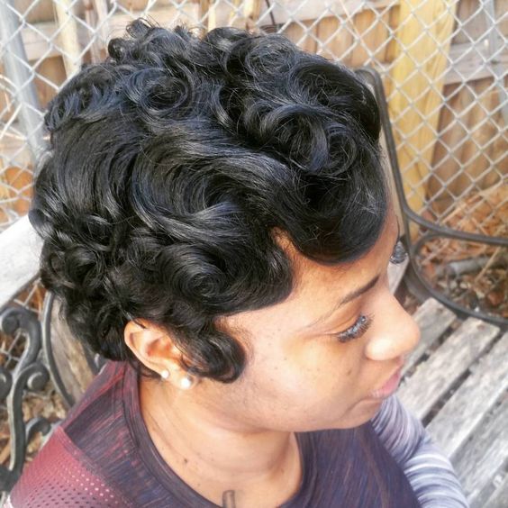 Black Pixie Short Cut Finger Wave Brazilian Human Hair Wig Glueless Machine Wig