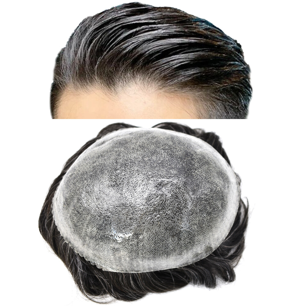 Mens Hair Replacement System Full Poly Thin Skin Toupee Units Human Hair Piece