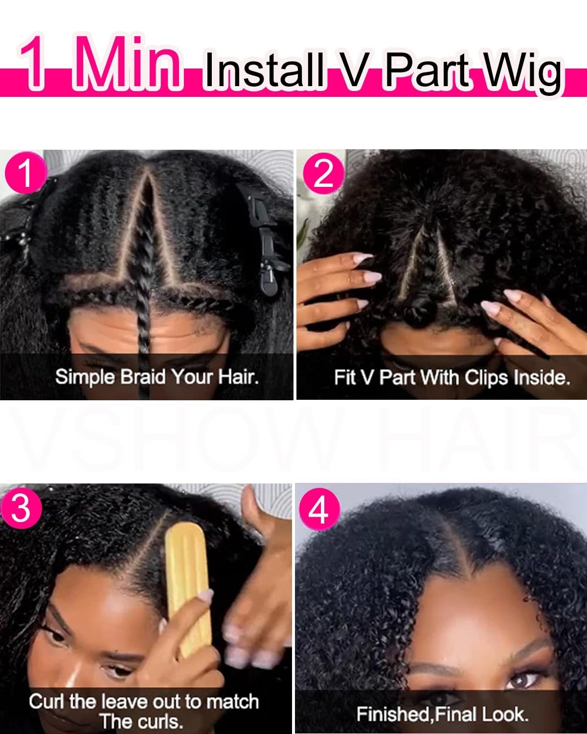 V Part Human Hair Afro Curly Minimal/No Leave Out Upgrade U Part for Black Women