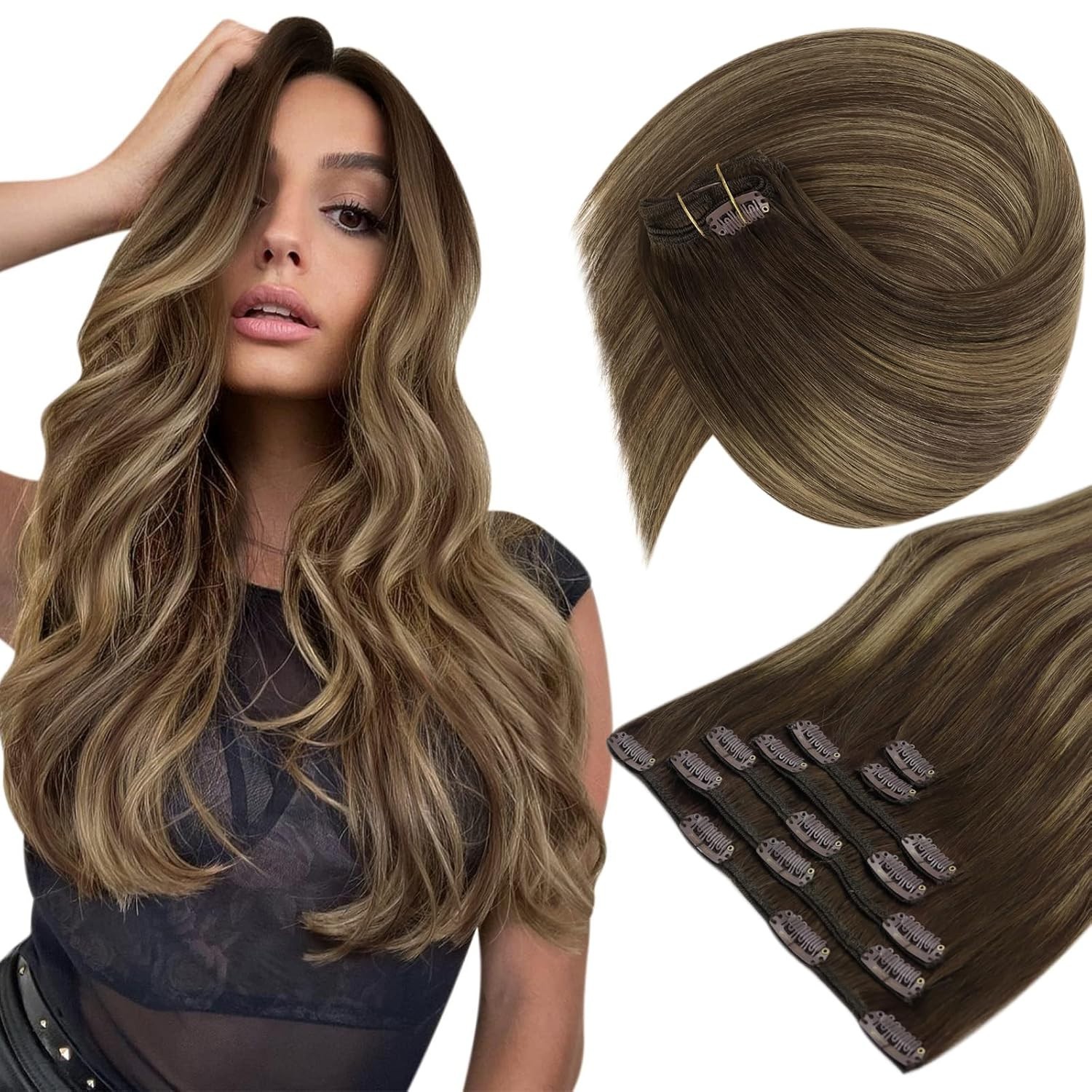 Sunny Hair CLIP-IN 18in Brown/Blonde Straight Human Hair Extensions CP 4-4-27