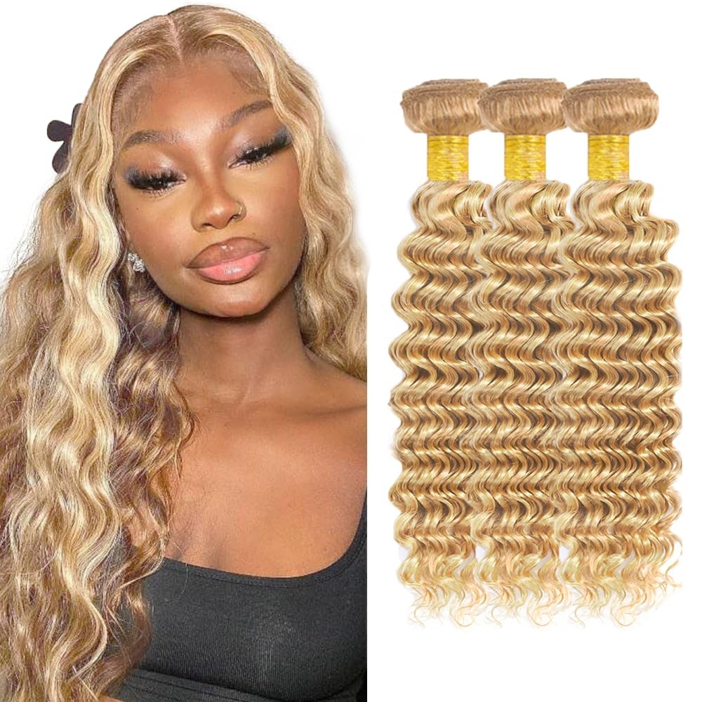 Poirewsa P27/613 Blonde Bundles Human Hair Deep Wave Bundles 28 28 28 Inch