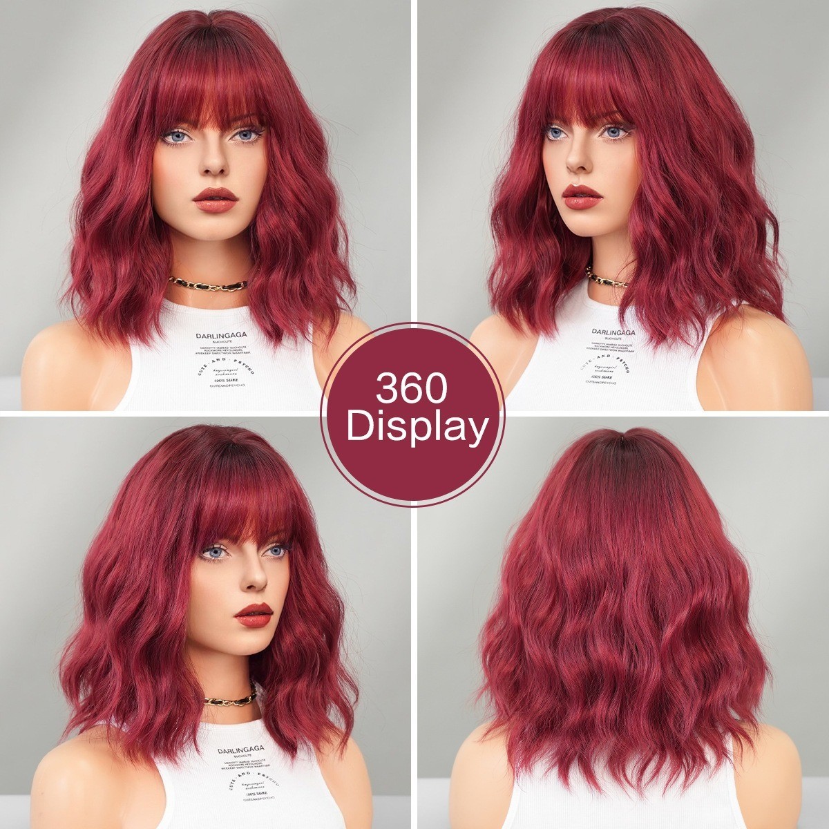 Red wine color 12-inch short curly wig for women with a straight Bob hairstyle