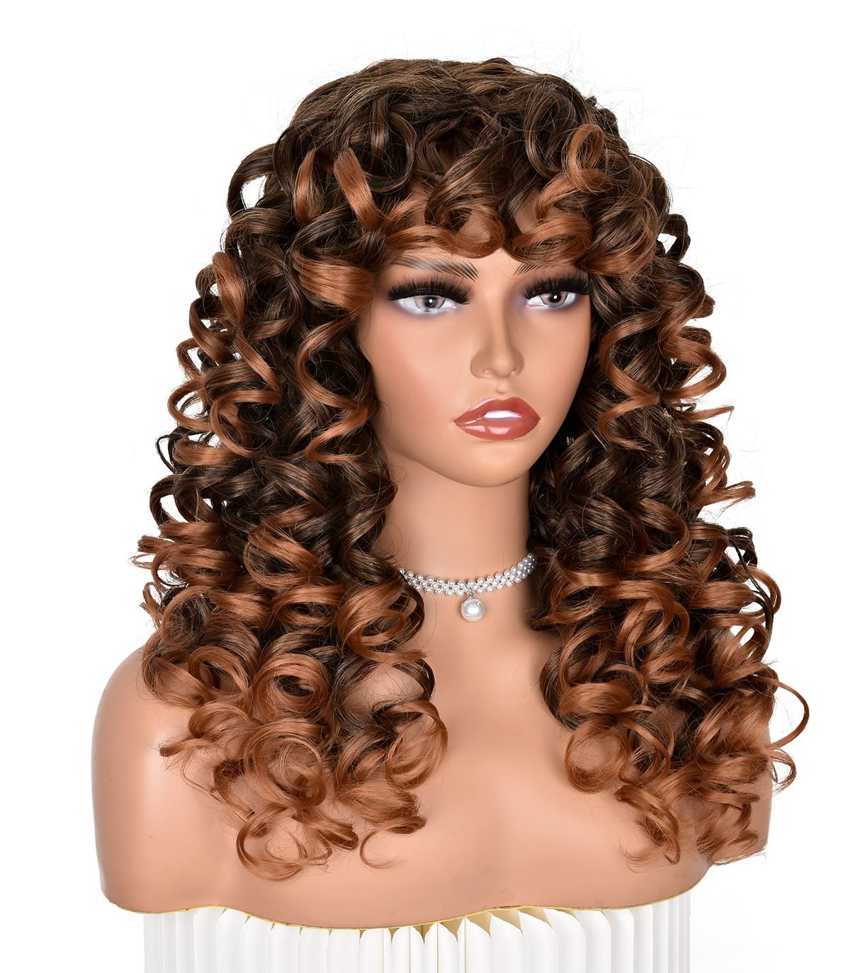 Ombre Brown Curly Wigs for Black Women Long Curly Afro Wig with Bangs for Wom…