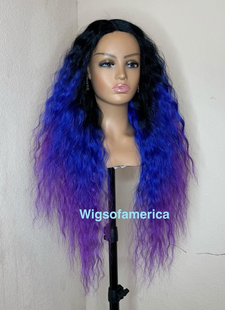 Blue Purple WIG Ombré Black 26 Inches Long Middle Part Heat Ok