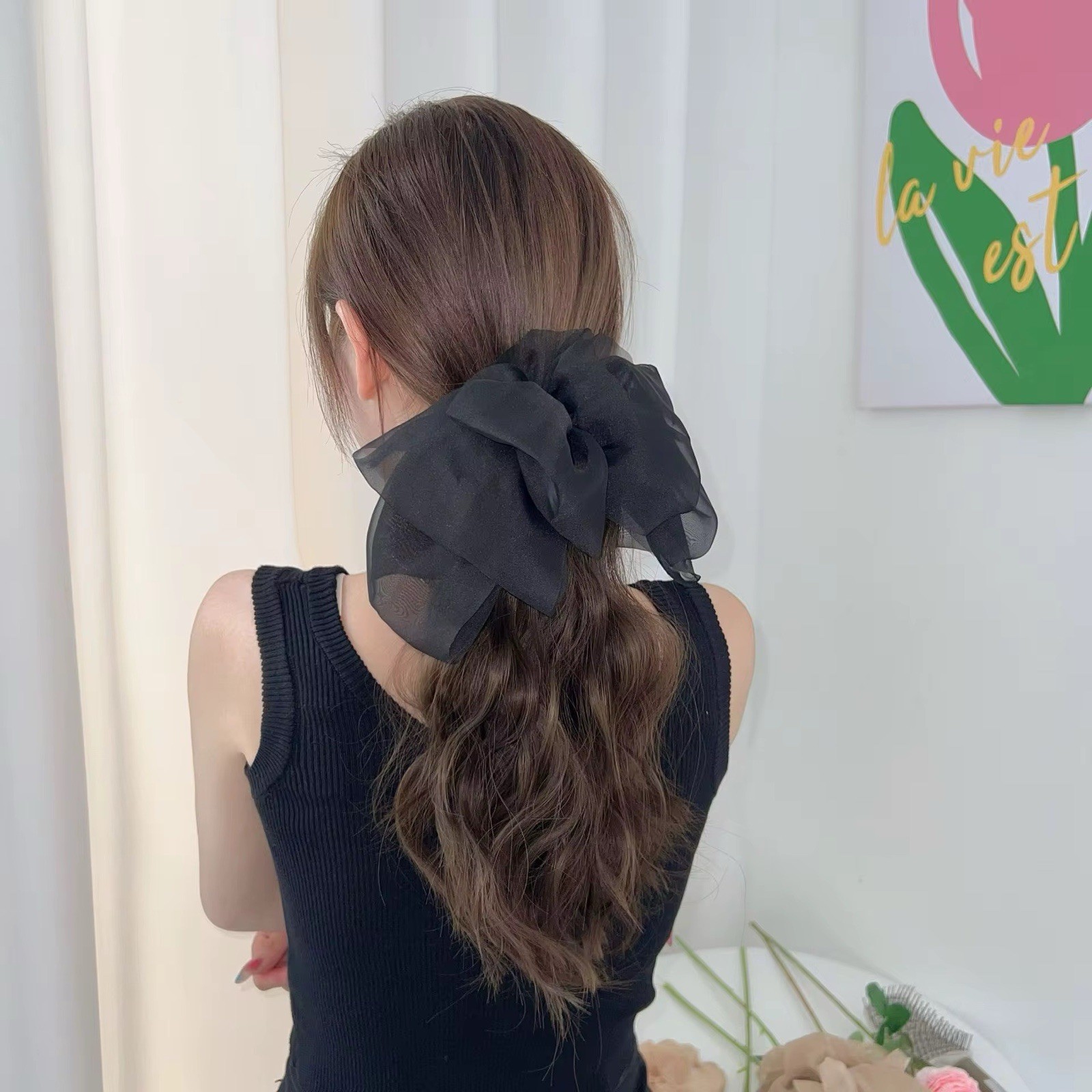 2PCS Black Bow Hair Clip With & Curly Wavy Synthetic Ponytail Extension