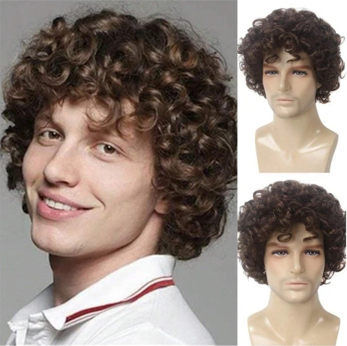 Short Curly Brown Afro Wig for Male Guy California Mens Cosplay Costume Daily